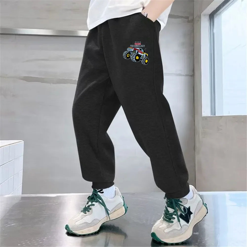 Boys' Off-Road Truck Print Joggers – Casual Sweatpants for Spring, Autumn, and Winter