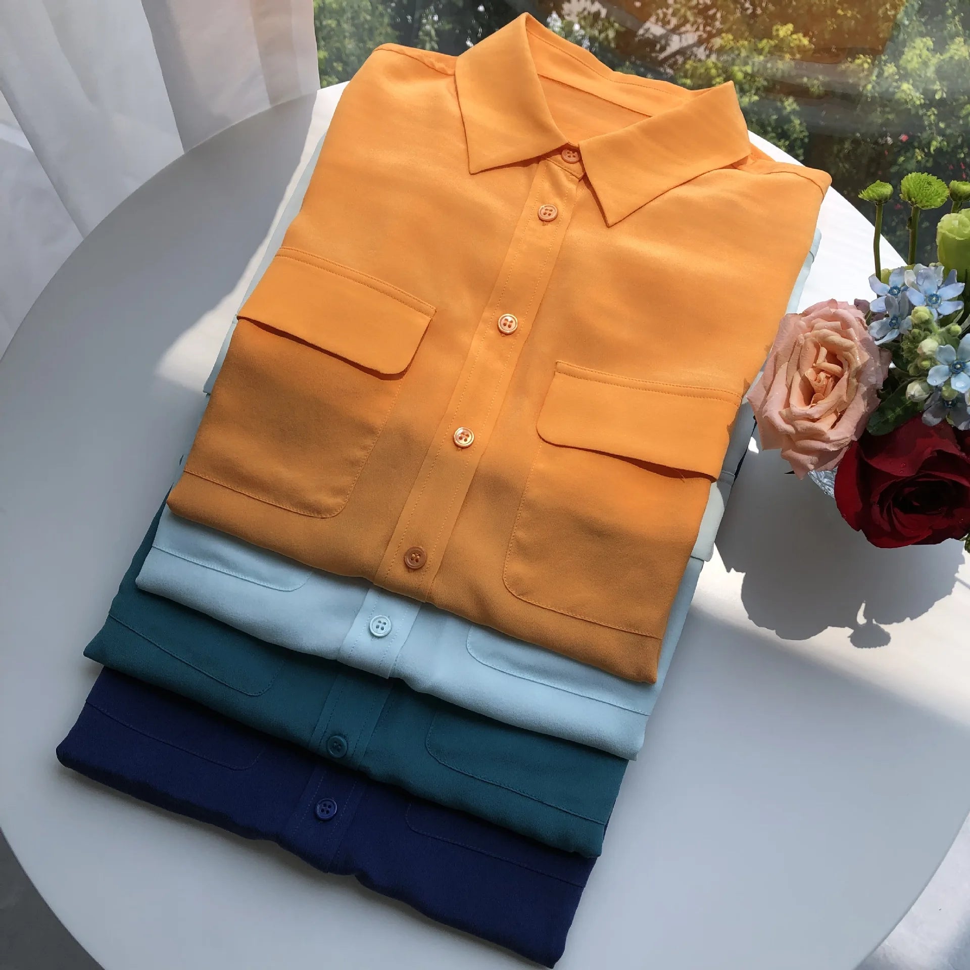 Women Real Silk Shirts Classic Double Pockets Solid Color Casual Fashion Long Sleeve Thin Shirt Blouses Tees