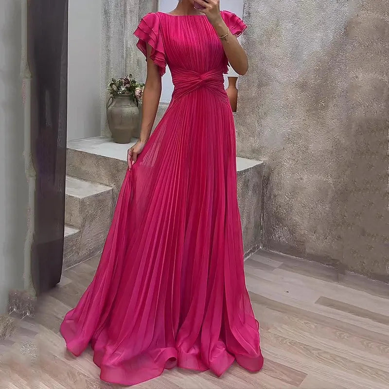 Wedding Guest Dress Elegant Party Long A Line Cap Sleeve Dresses Evening Pleated Off Shoulder Maxi Dress Fuchsia Pink Solid