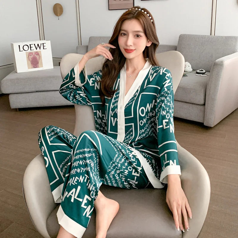 Ice Silk V Neck Pajama Set