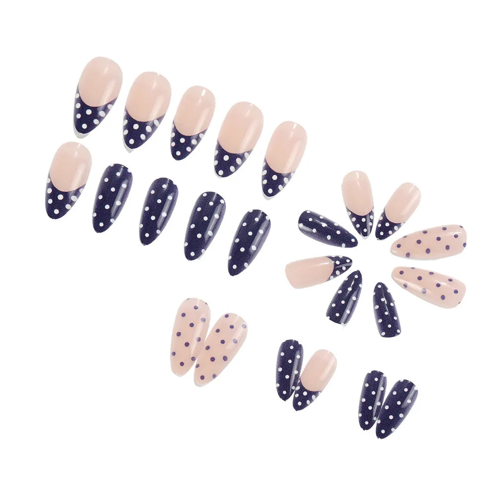 Medium long fake nails for women girls pink white black red blue brown polka dots design almond ballet tips press on false nail