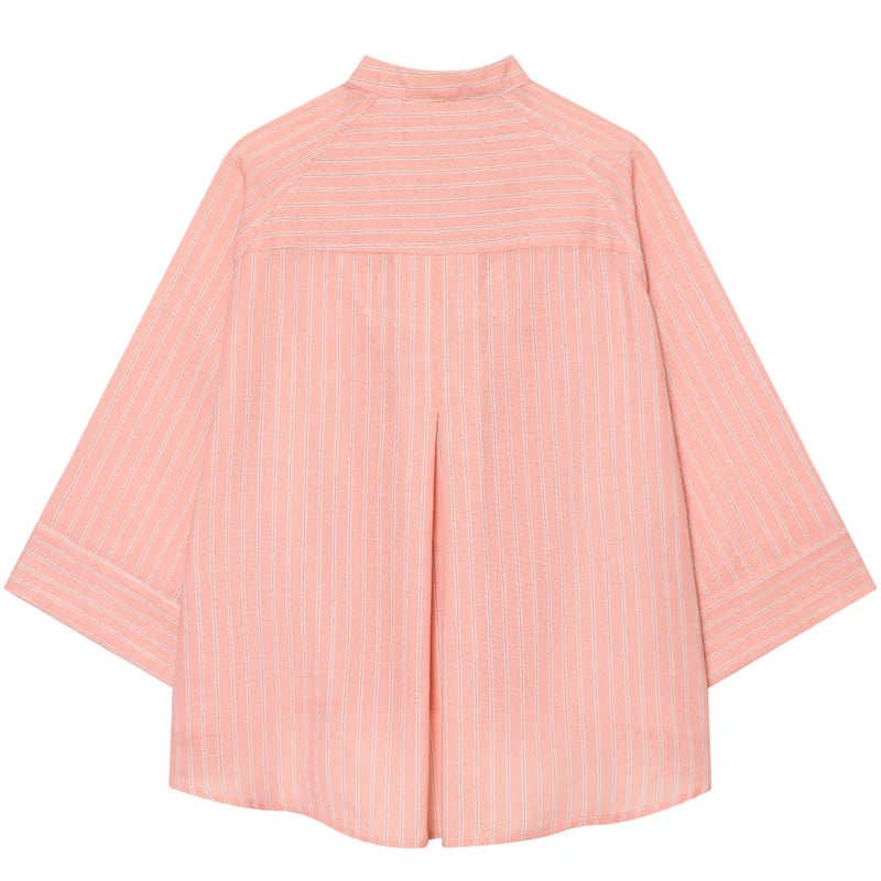 Women's Pink Striped Shirts Summer Asymmetric Button Mid Sleeve Loose Fit Shirts Casual Office Look Vintage Elegant Female Tops