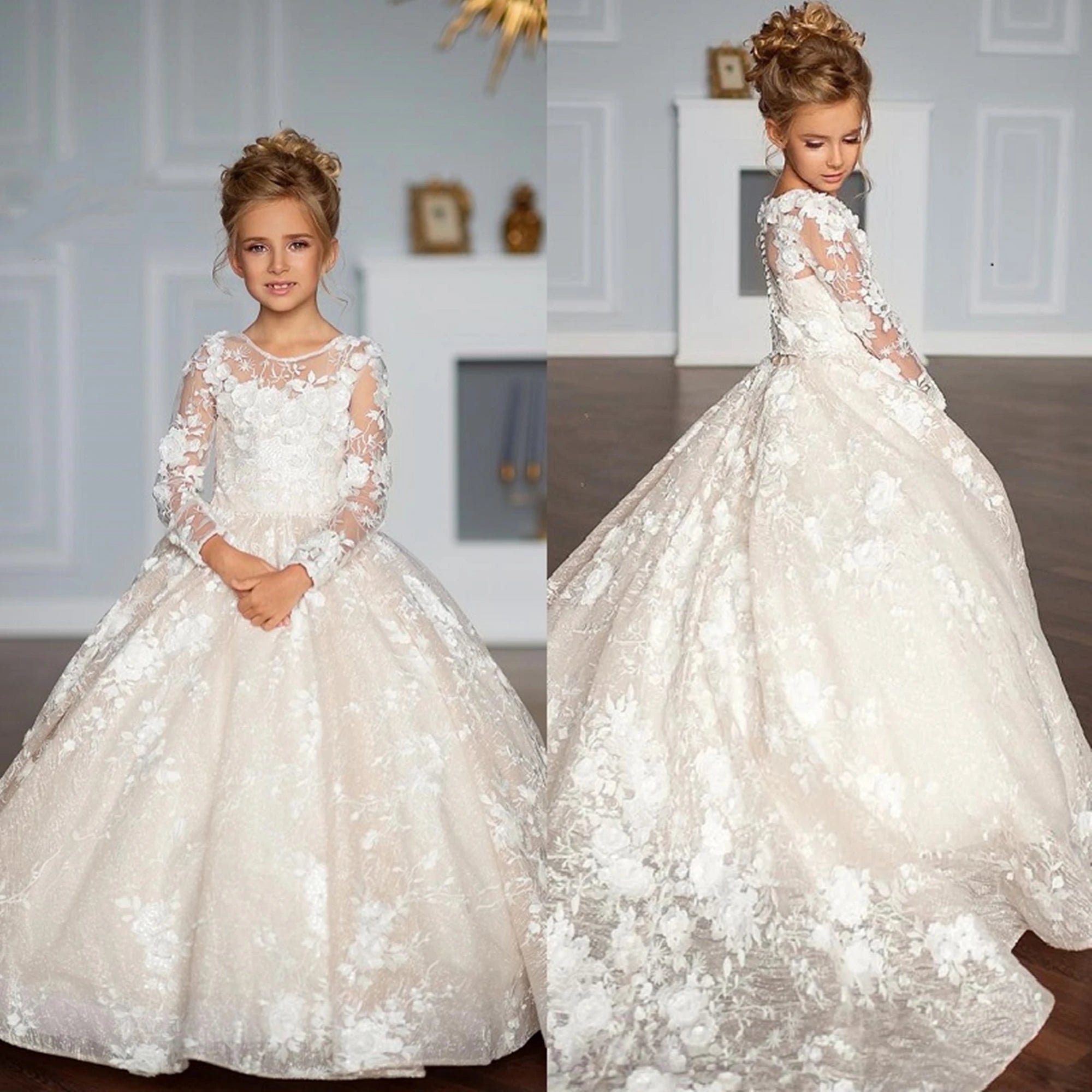 Elegant Customized Flower Girl Dress For Wedding Lace Full Sleeves Floor Lenght Kids Birthday Party First Communion Ball Gowns
