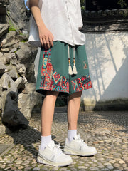 Men's ethnic embroidery pattern shorts with pockets, summer casual drawstring shorts, suitable for outdoor and beach casual wear