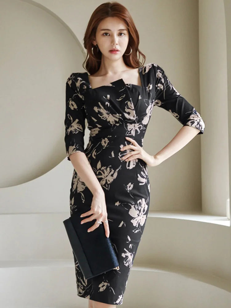 Elegant Floral Square Collar Dress