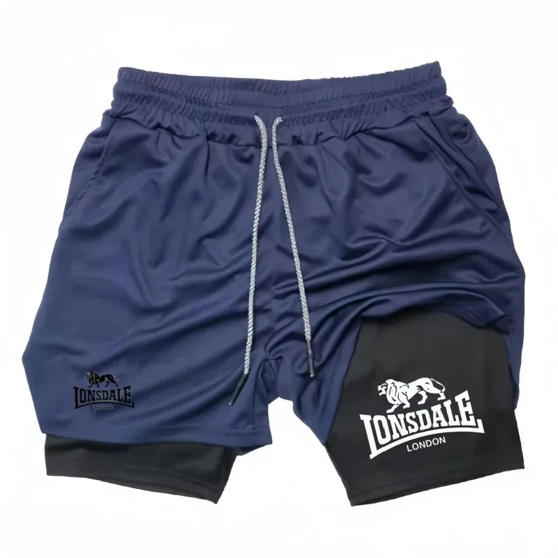 Print 2in1 Running Shorts for Men Gym Workout Compression Shorts with Phone Pocket Towel Loop Summer Sport Athletic Activewear