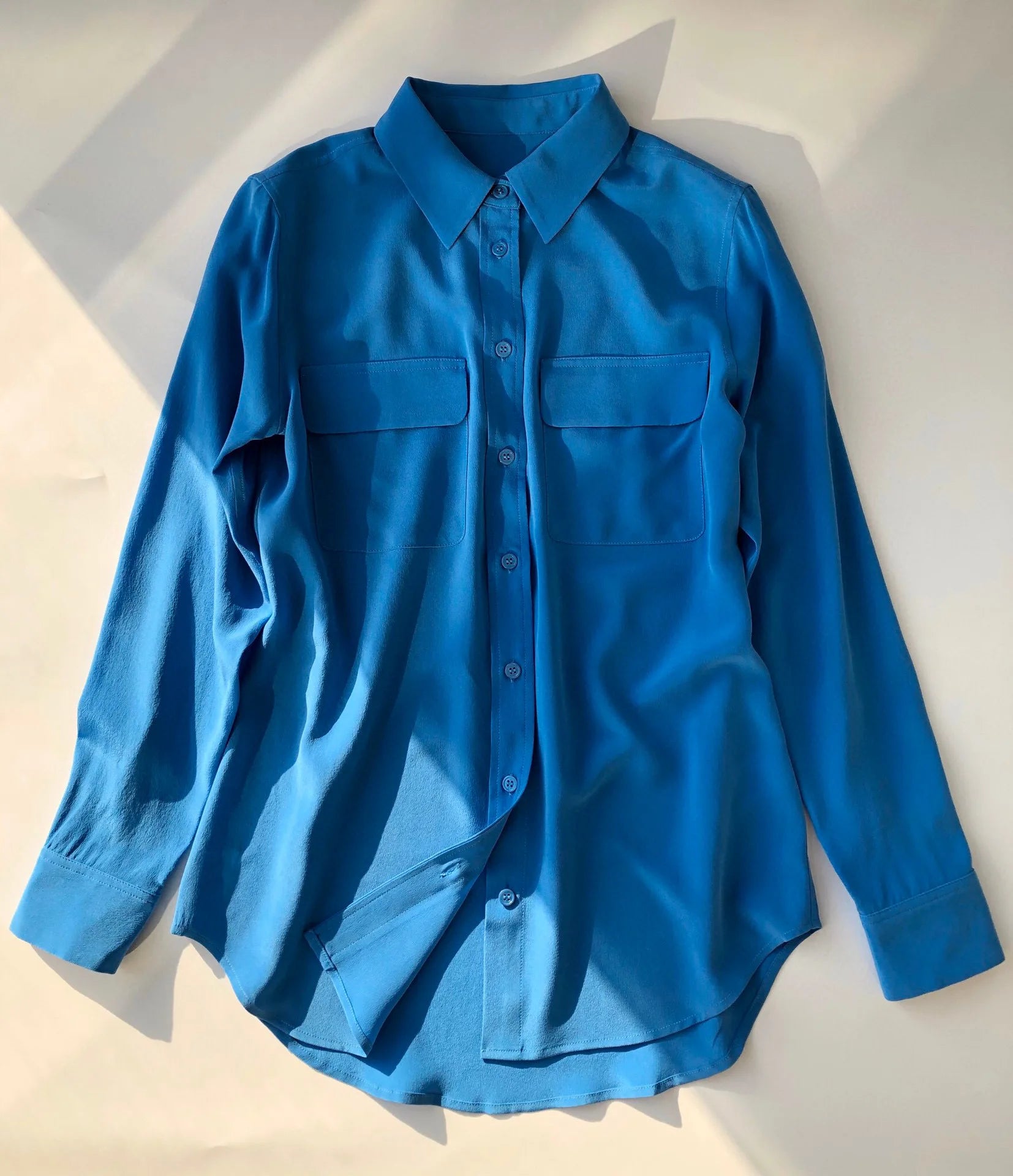 Women Real Silk Shirts Classic Double Pockets Solid Color Casual Fashion Long Sleeve Thin Shirt Blouses Tees