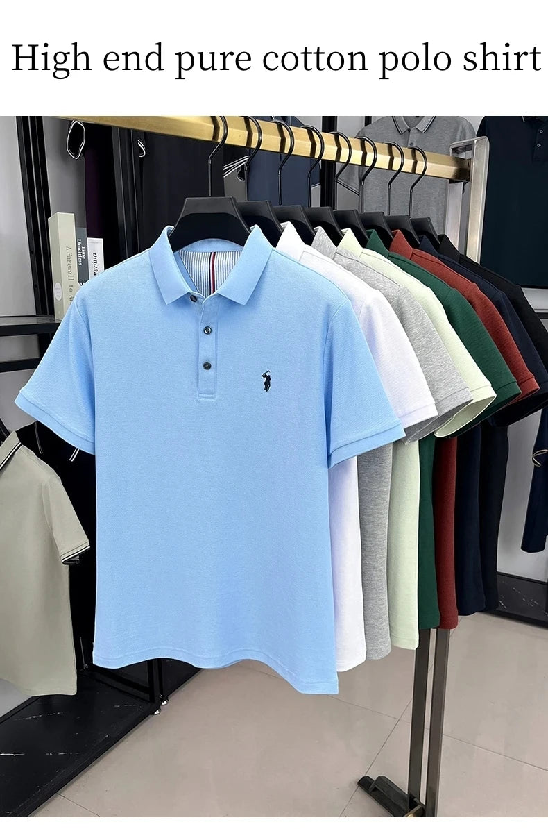 100% pure cotton short sleeved men's polo shirt summer fashion high-end brand pony embroidery golf top casual business T-shirt