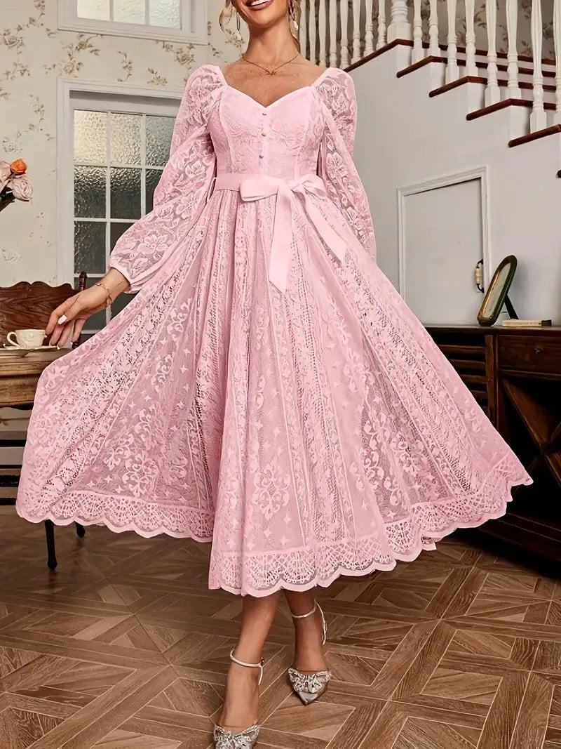Elegant Party Dress For Woman Evening Prom Dresses Lace Long Gown V Neck Maxi Dress White Pink Floral Lace A Line Balloon Sleeve