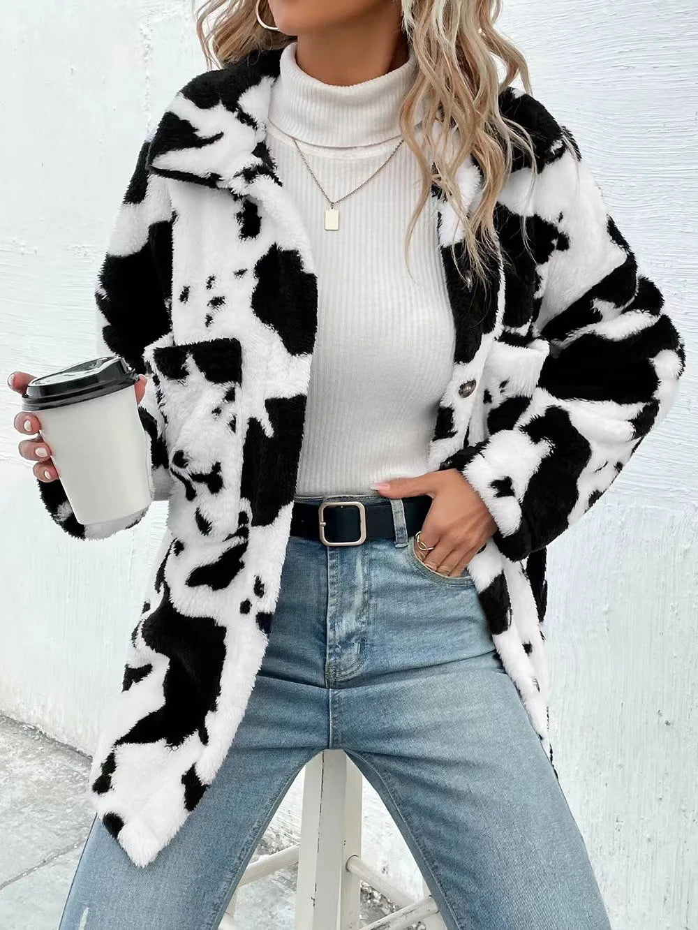 Women's Cow Print Double-sided Cashmere Coat Autumn Winter Loose Coats With Pockets Single Breasted Lapel Collar Plush Jacket
