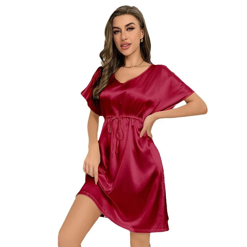 V-Neck Nightdress Loungewear Women Sleepwear Morning Gown Lingerie Sleepdress Robe Summer Nightgown Silky Satin Home Dress
