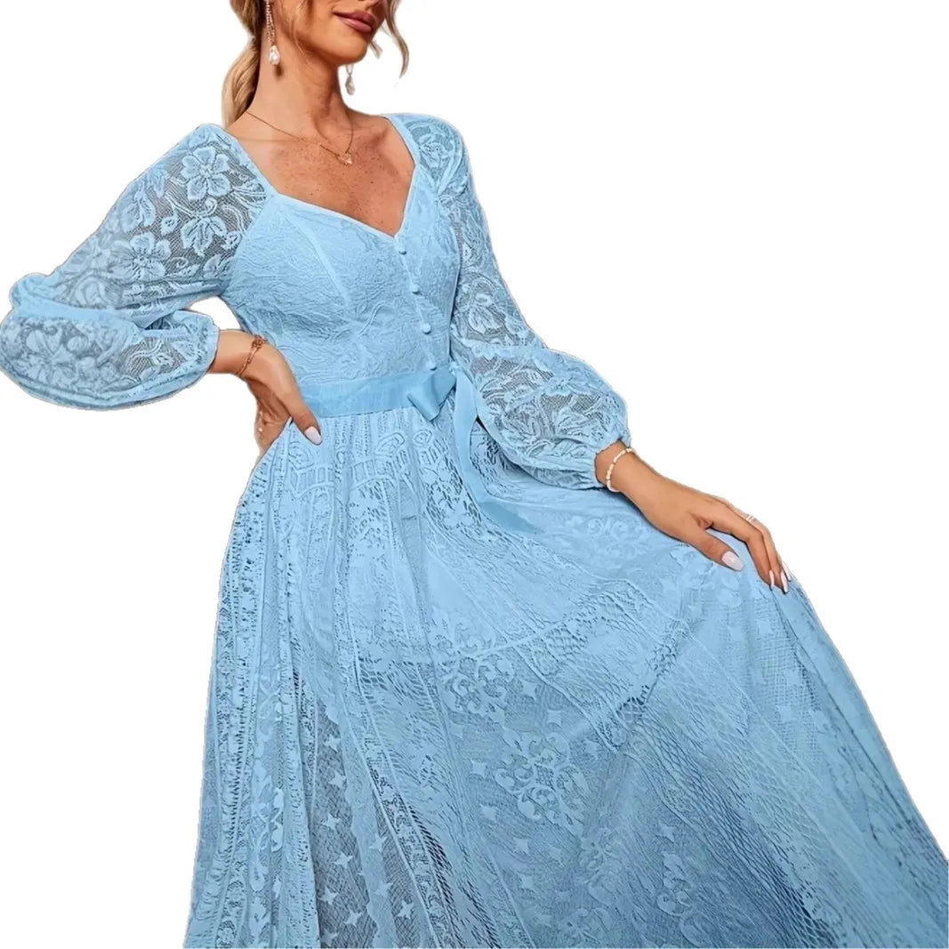 Elegant Party Dress For Woman Evening Prom Dresses Lace Long Gown V Neck Maxi Dress White Pink Floral Lace A Line Balloon Sleeve