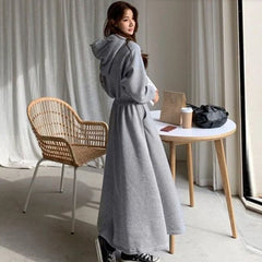 Hooded Mid-Calf Sweatshirt Dress for Autumn Winter
