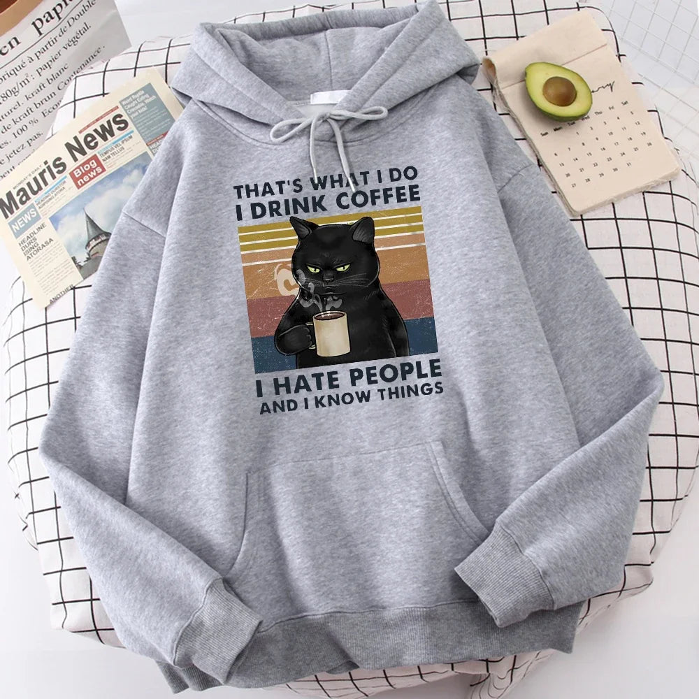 Men's fashion hoodie, high-quality cat drinking coffee print hoodie, fashionable casual hoodie, Harajuku hoodie
