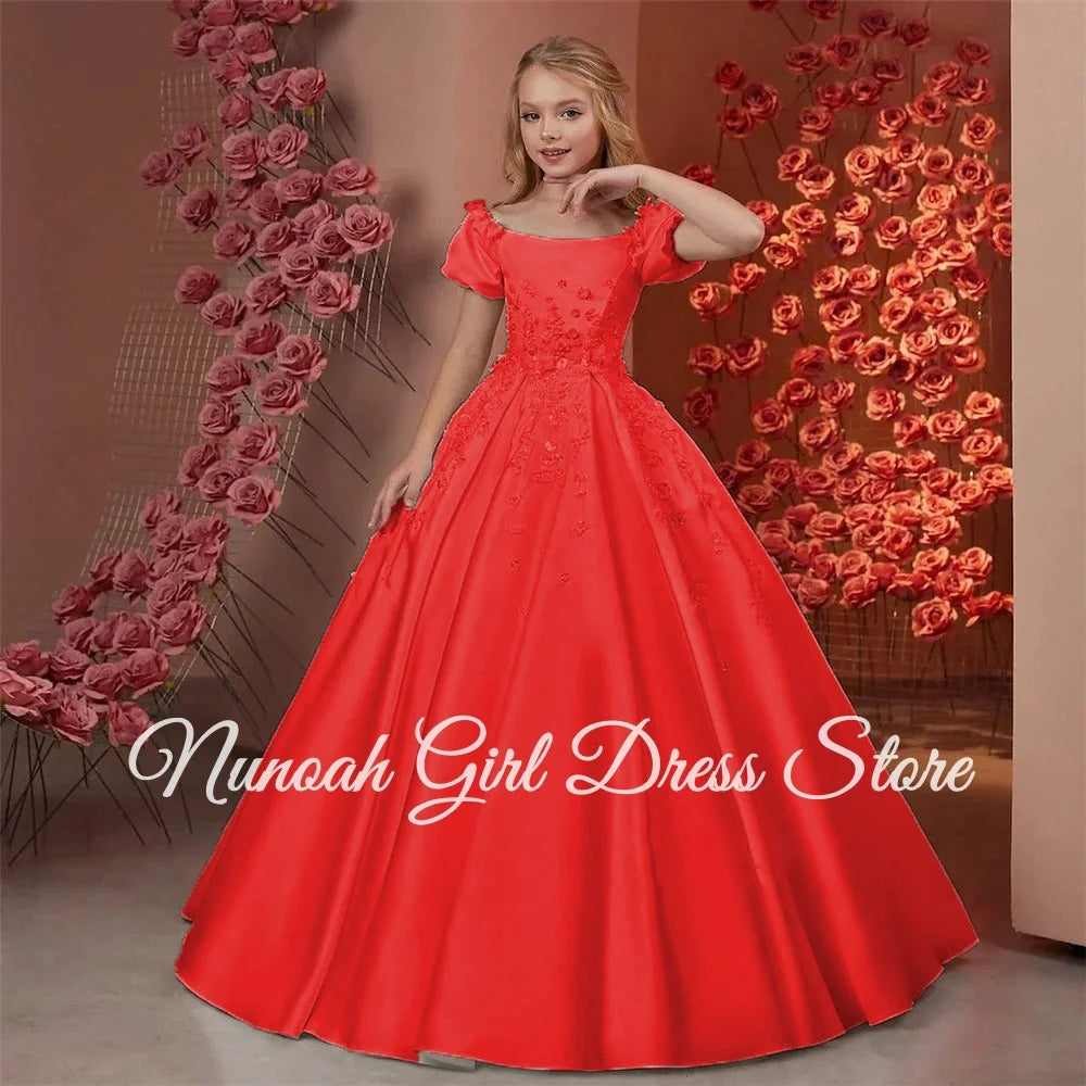 Elegant Flower Girl Dresses for Wedding Satin Beaded Floral Floor Length Girl Kids Birthday Party First Holy Communion Gown