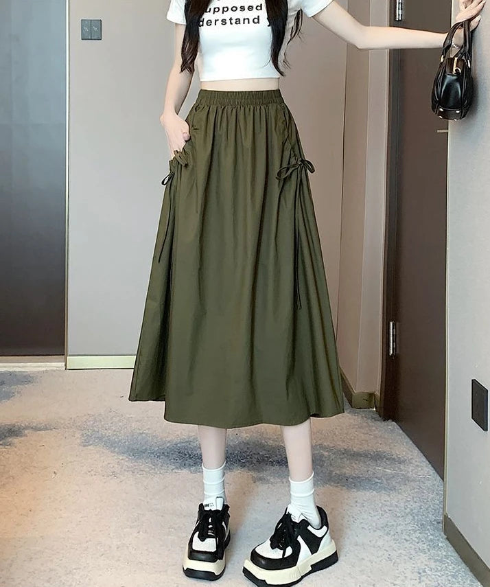 Drawstring Cargo A-Line Midi Skirt