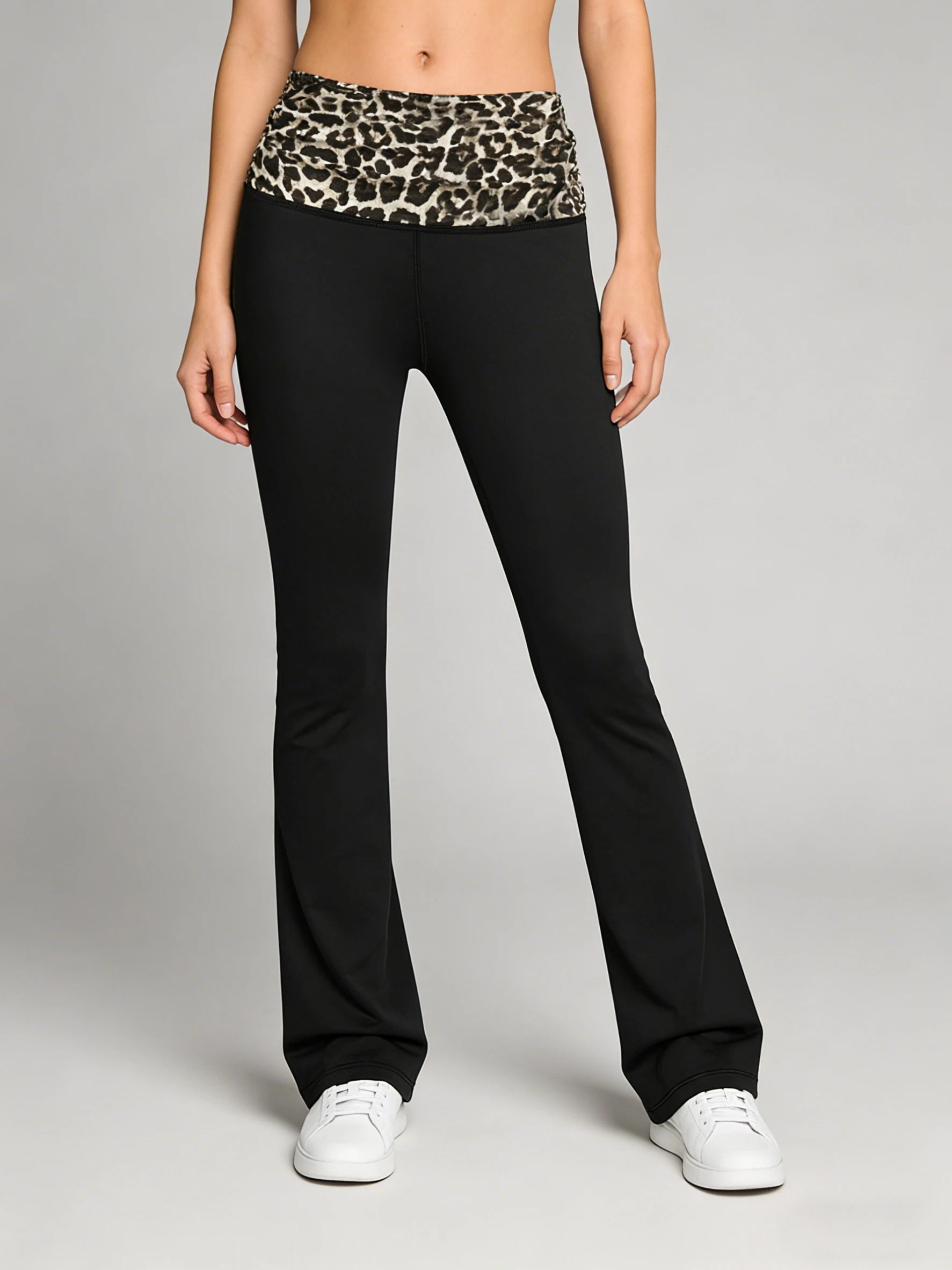 Fashionable Leopard Print Pleated Yoga Pants High Elastic Comfort Slim Fit Bell Bottoms Waistline Splicing Sporty Trousers