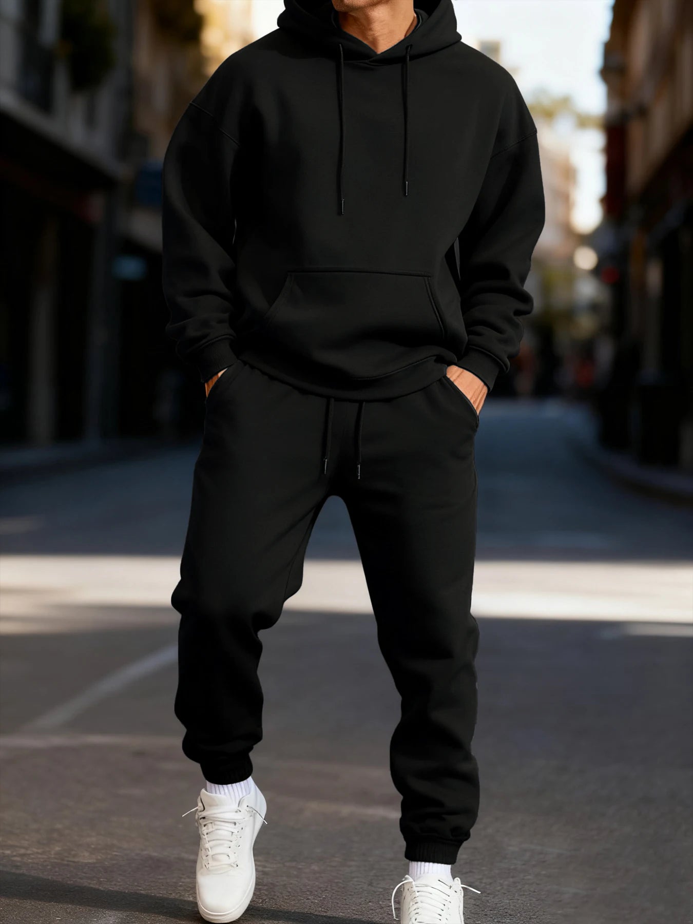 Man Hoodie Set Winter Solid Color Two Pices Sets Long-Length Street Clothes Casual Sports Sweatpant Hoody Unisex Fashion Suit