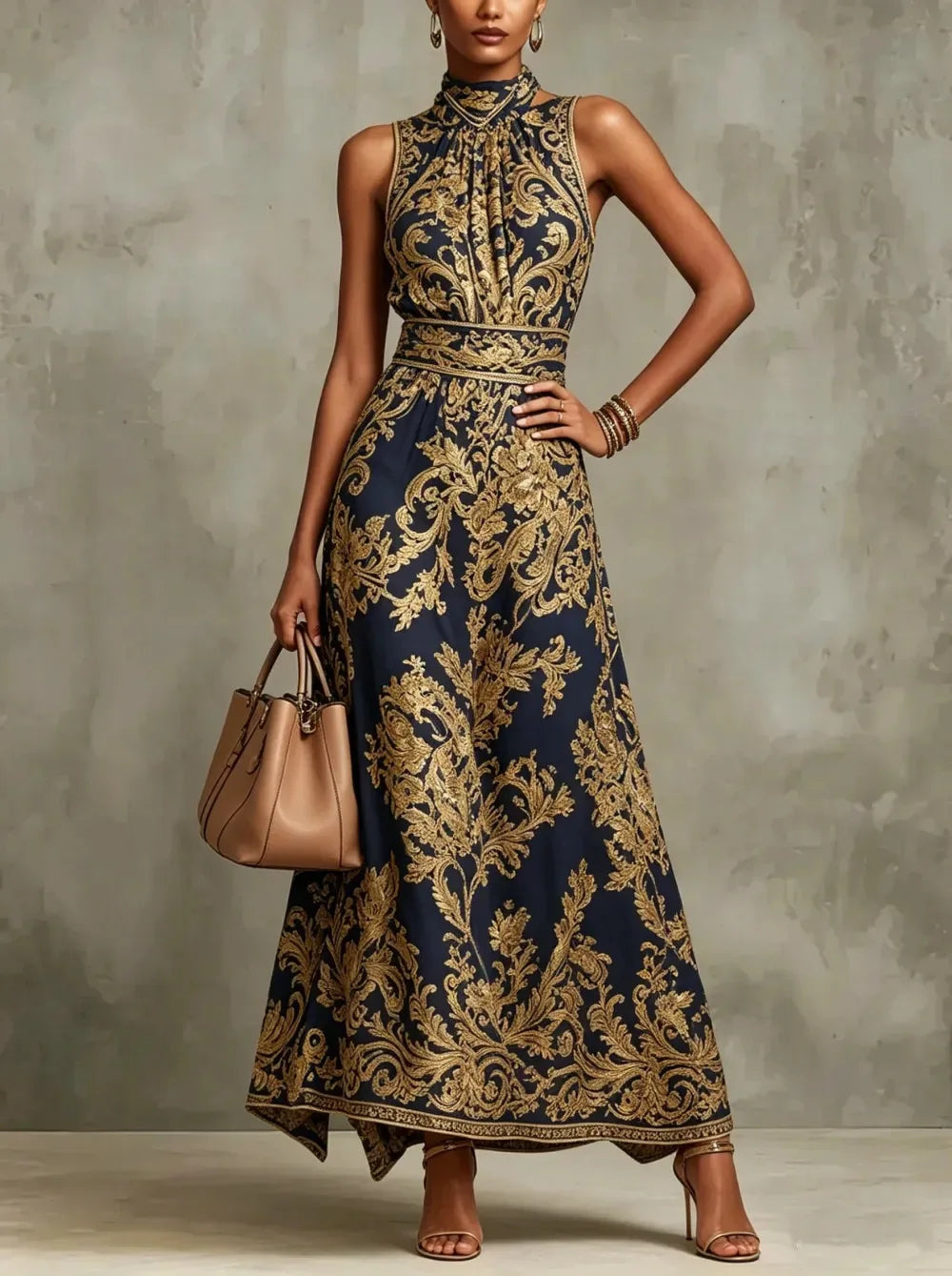 Elegant Party Evening 2026 Summer Long Dresses New Vintage Classic Pattern Flower Printed Lapel A-Line Dresses For Women