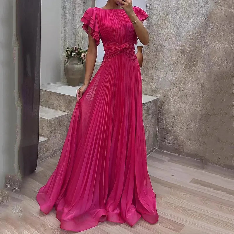 Wedding Guest Dress Elegant Party Long A Line Cap Sleeve Dresses Evening Pleated Off Shoulder Maxi Dress Fuchsia Pink Solid