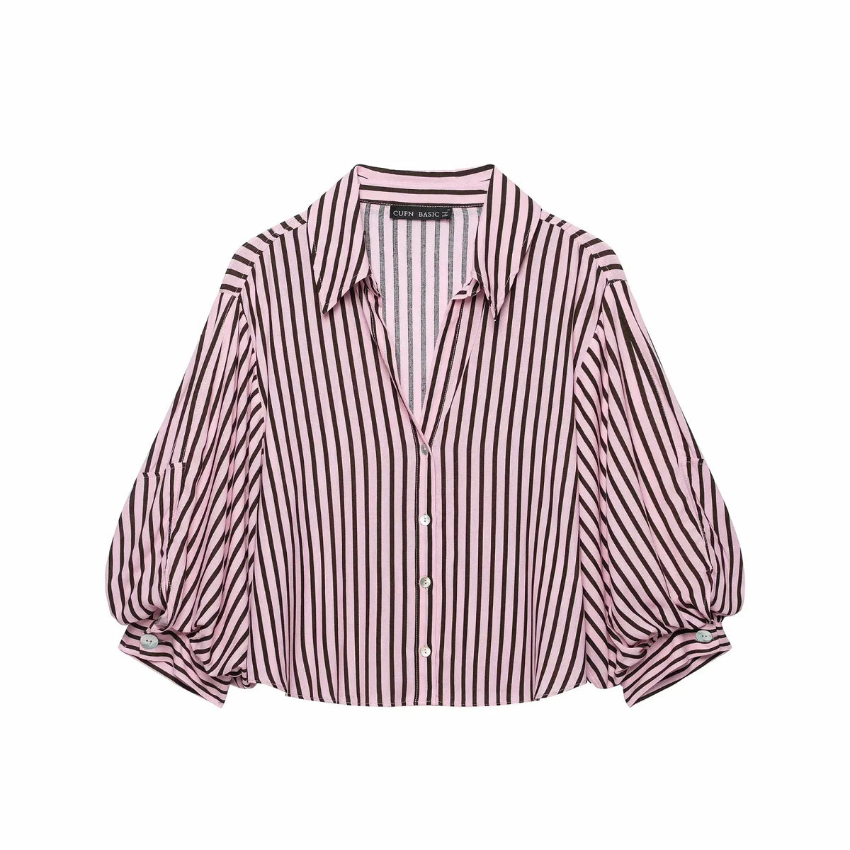 Women Striped Shirts For Women Vintage Elegant Puff Sleeve Summer New High Street Clothes Leisure Single-breasted Lapel Blouse