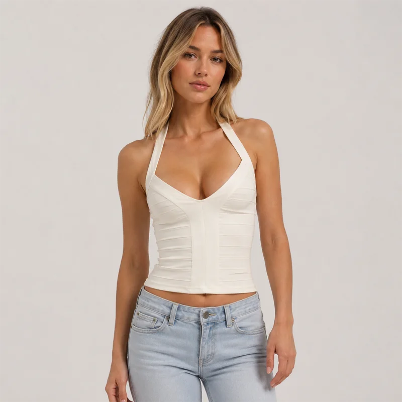 Women's Summer Tops Halter Neck Deep V Ruched Fitted Camisole Crop Top Black Top or White Top Y2K Sleeveless Party Clubwear