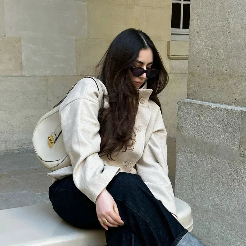 2025 Autumn Woolen Coats Women Casual Double Breasted Stand Collar Female Office Short Jackets Chic Lady Loose Street Outwear