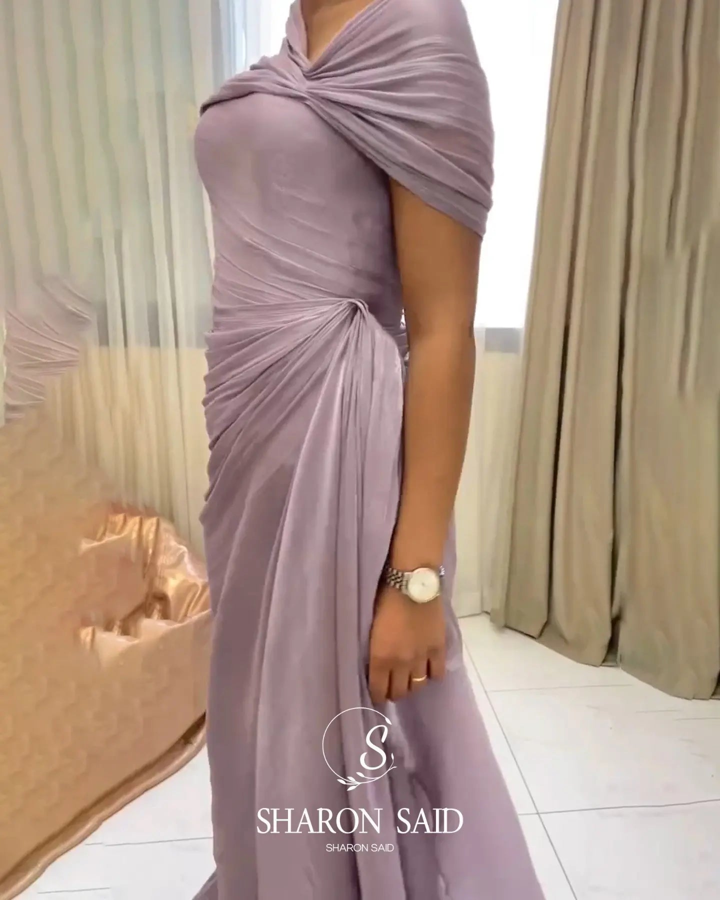 Lilac Draped One Shoulder Evening Gown