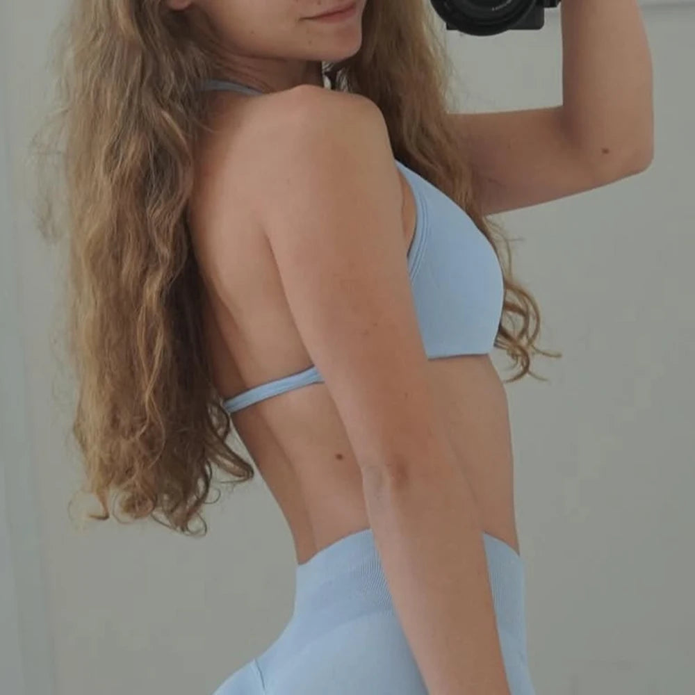 Sports Bra Women Strappy Backless Sports Top With Removable Cups Workout Clothing Gym Crop Top Fitness Seamless Halter Yoga Bra