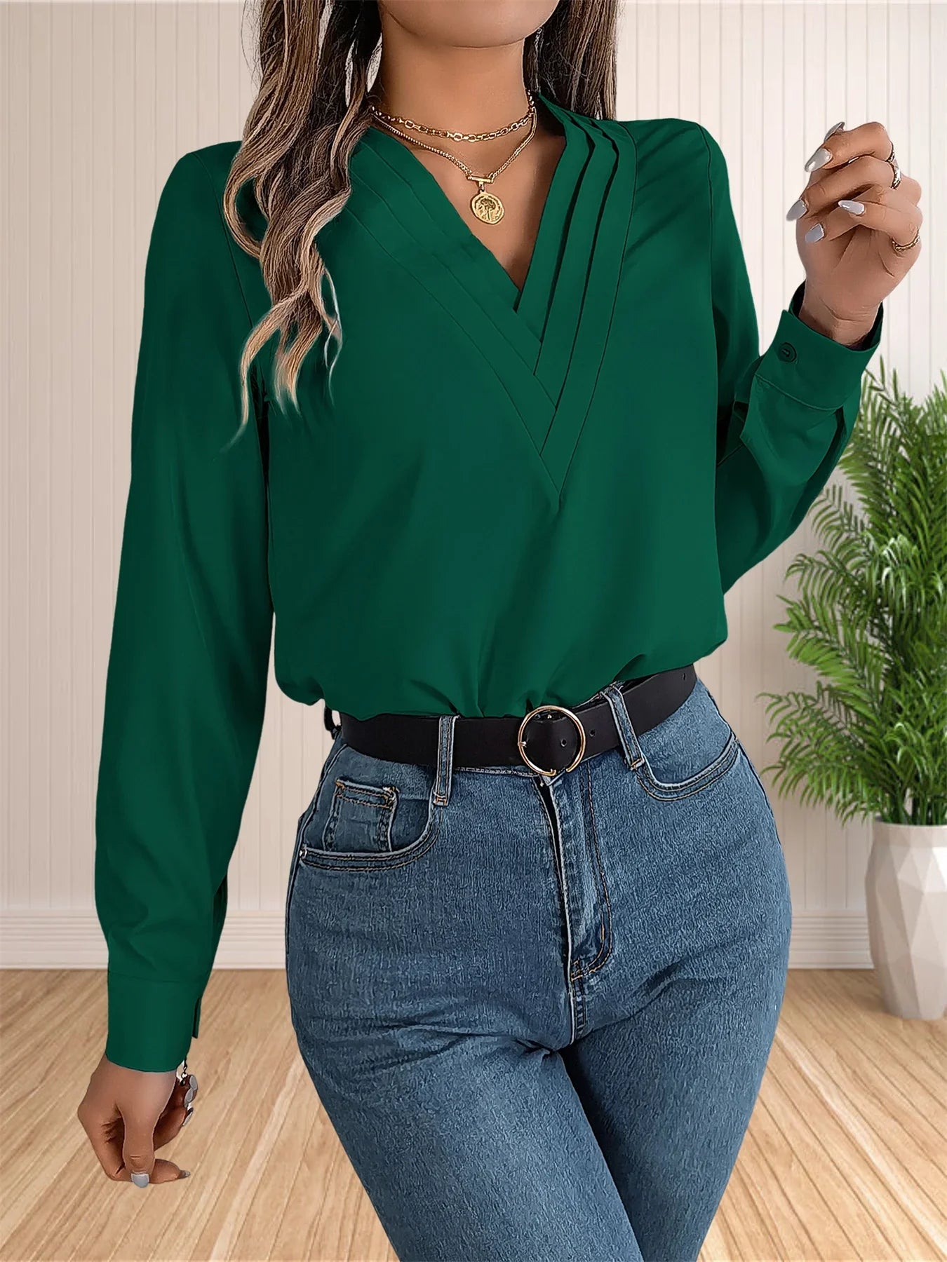 Elegant Layered V-Neck Work Blouse