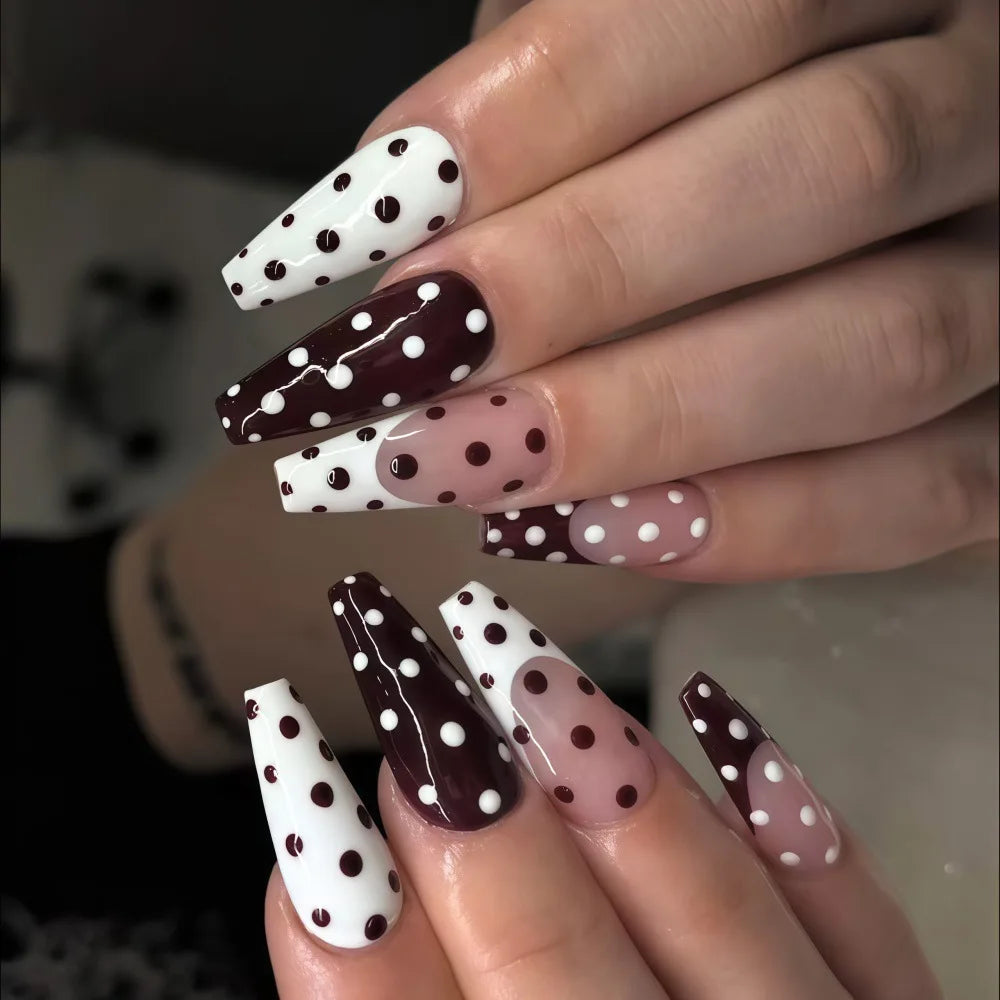 Medium long fake nails for women girls pink white black red blue brown polka dots design almond ballet tips press on false nail