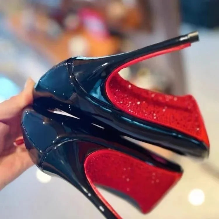 High Heels Women's Slim Heels New Stunning and Sexy Wedding Shoes Black Patent Pointed Single Shoes High Heels Туфли Женские