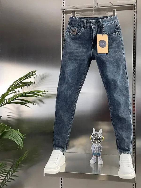 Thick Jeans Men's Slim Fit Spring Autumn Winter Casual Long Pants Cotton Stretch Denim mid Waist Zipper Closure Wear Resistant