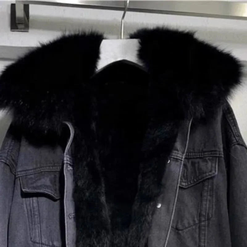 Winter Warm Coats Big Fur Collar Denim Jacket Women Basic Coat Female Cold Motorcycle Outerwear Fleece Thick Padded Overcoat