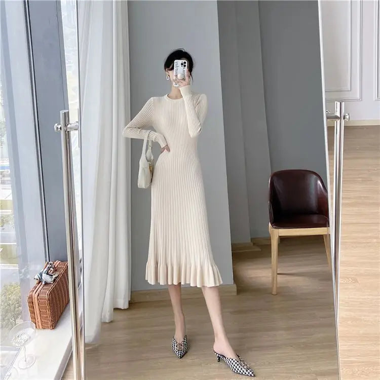 Elegant Knit Flounce Midi Dress