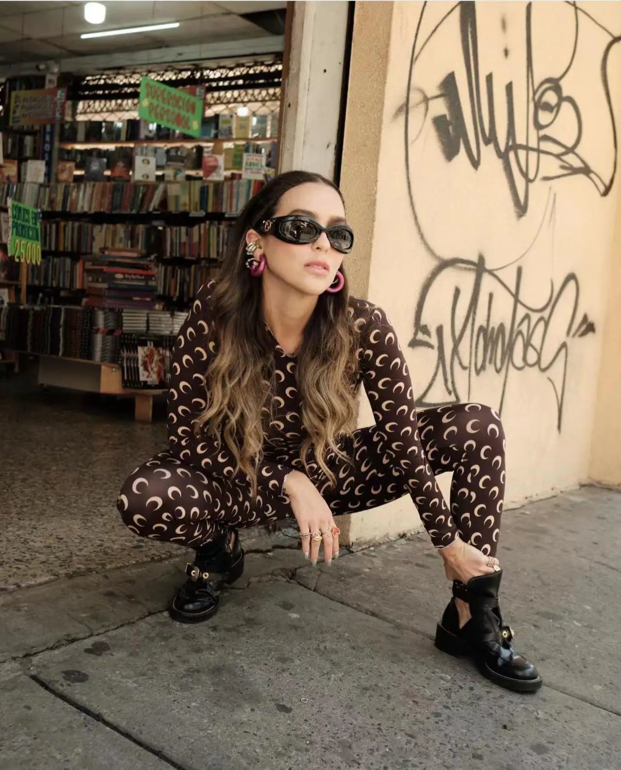 Women Jumpsuit Y2K Streetwear Moon Print Jumpsuit Elastic Long Sleeve Round Neck Autumn Sexy Fashion Bodysuit