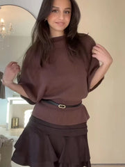 TFMLN Slash Neck Tiered Knit Pullover