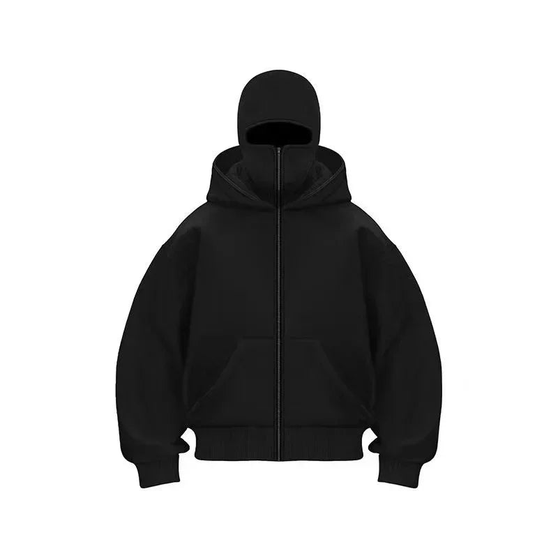 Unisex Hoodie Coat Warm Loose Balaclava Jacket Outdoor Sports Casual Jacket with Face Mask Street Wear