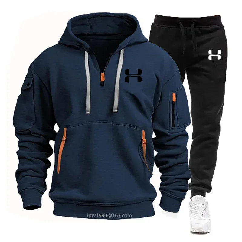 New Long Sleeve Hoodie with Zipper and Multiple Pockets for Men's Autumn and Winter + Sports and Leisure Pants Two-Piece Fitness