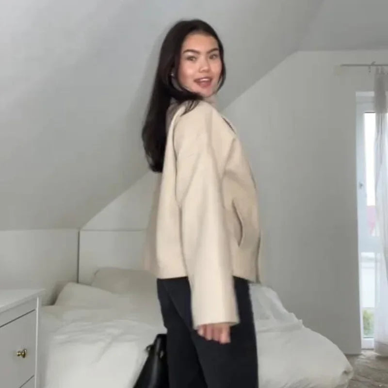2025 Autumn Woolen Coats Women Casual Double Breasted Stand Collar Female Office Short Jackets Chic Lady Loose Street Outwear