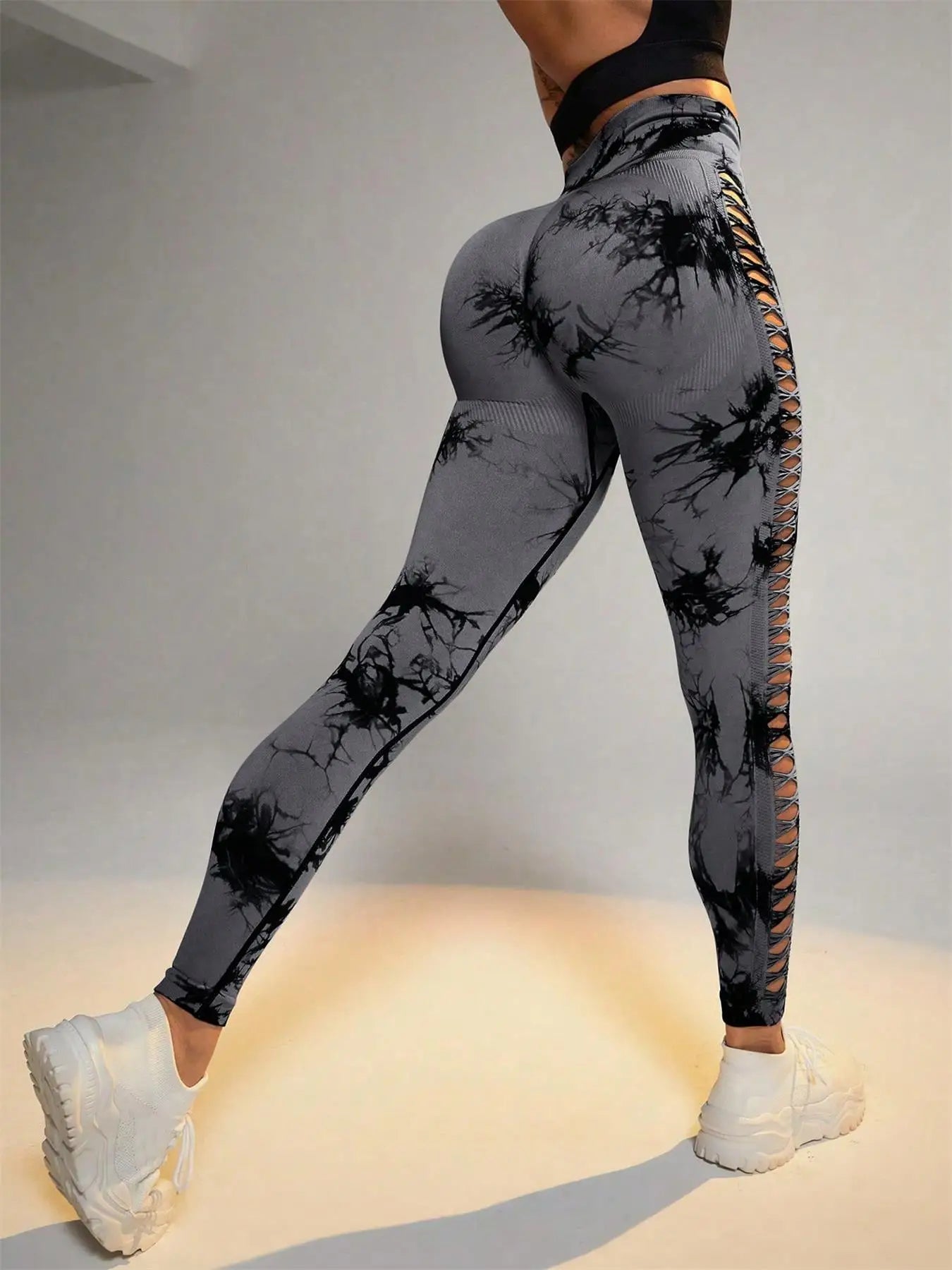 Women's Sporty Tie-Dyed Side-Cut Yoga Pants, Fashionable High-Waisted Hip-Lifting Sports Pants, Seamless Stretch Tight Pants