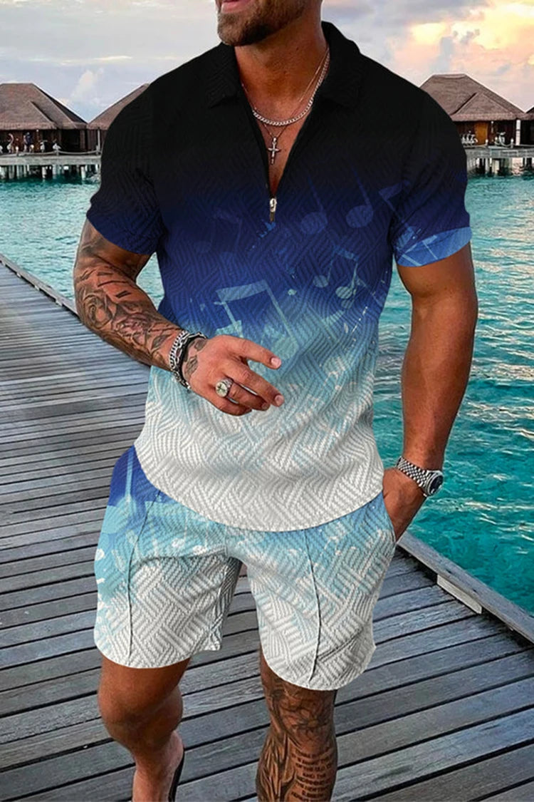 Summer Men's Tracksuit Short Sleeve Polo Shirt Set Fashion Luxury Chain Print Clothing 2 Pieces Casual Suit Streetwear Outfit