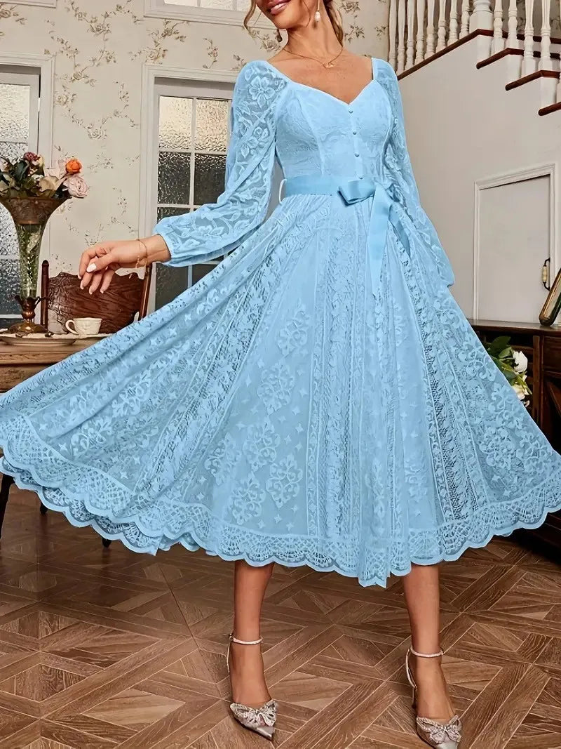 Elegant Party Dress For Woman Evening Prom Dresses Lace Long Gown V Neck Maxi Dress White Pink Floral Lace A Line Balloon Sleeve