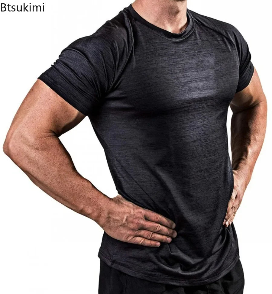 Summer Gym T-shirts Men's Solid Fitness Clothing O-neck Short Sleeve Tops Breathable Slim Bodybuilding Workout Muscle Tees Male