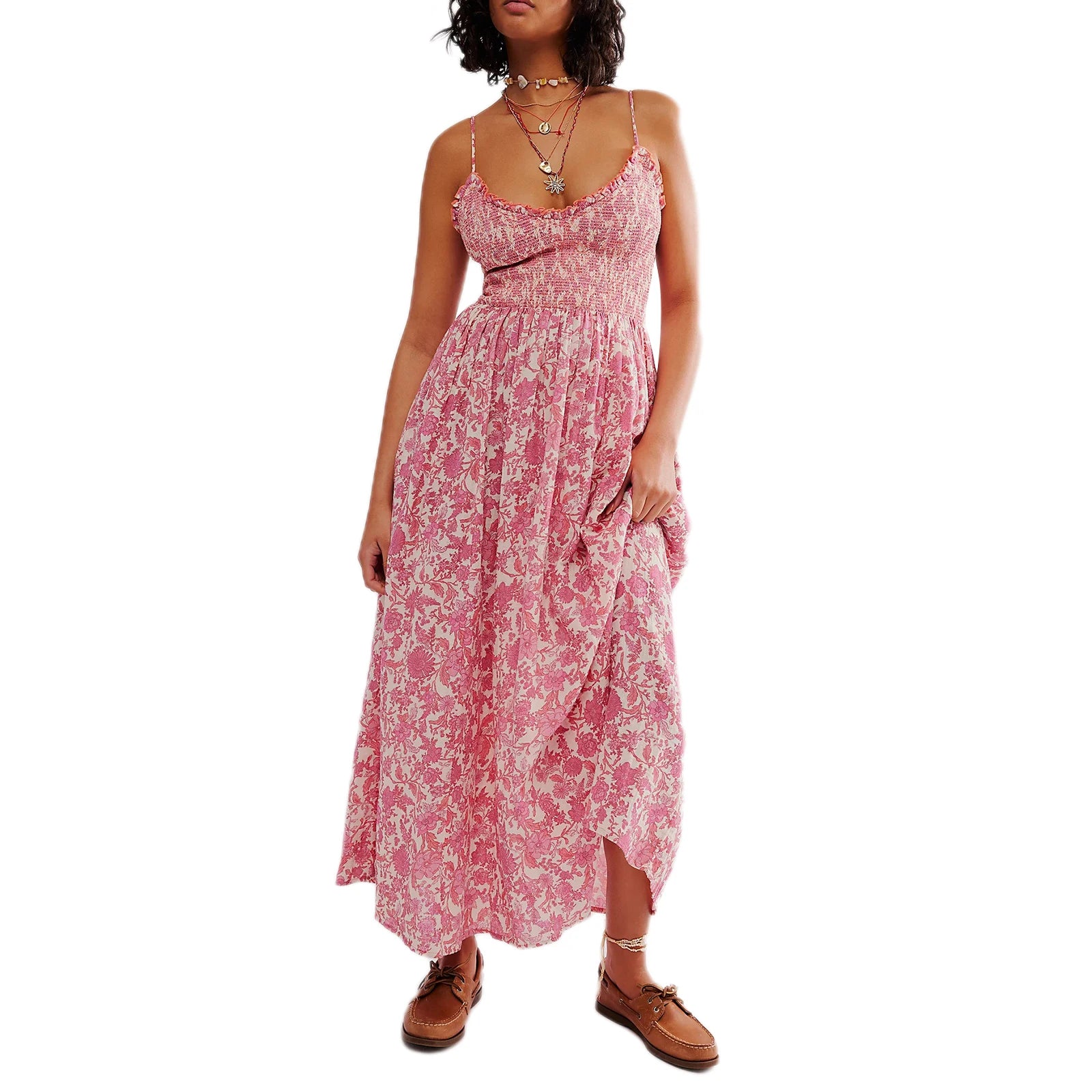 V-Neck Lace Trim Maxi Dress