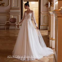 Wedding Dress Vestidos De Novia Customized Sheer Long Sleeves Sparkling Beading Applique Sweep Train Bridal Gown for Bride