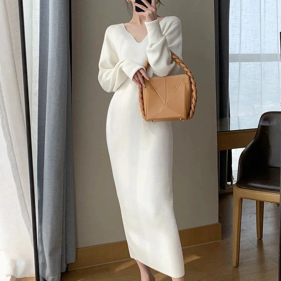 French Knit V-Neck Midi Dress