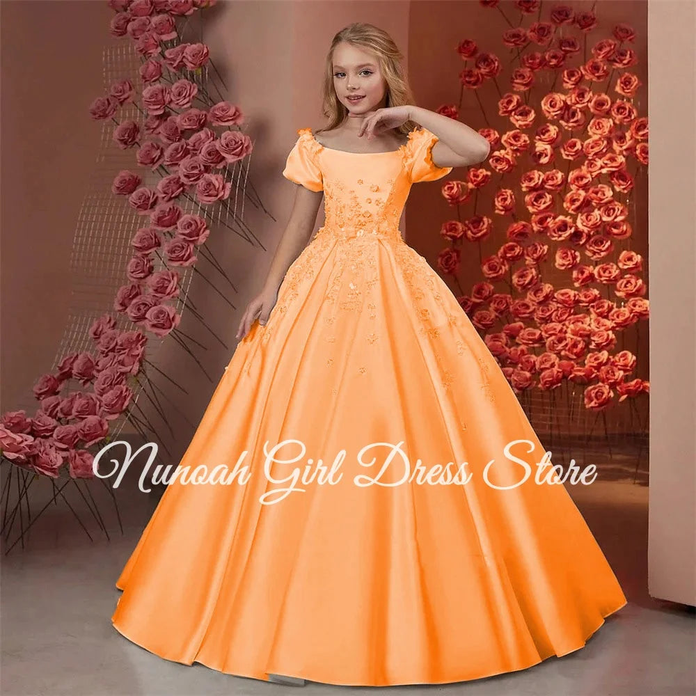 Elegant Flower Girl Dresses for Wedding Satin Beaded Floral Floor Length Girl Kids Birthday Party First Holy Communion Gown