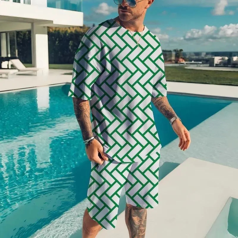 New Men's Tracksuits Summer Round Neck T-shirt Set 3D print Tracksuit Short Sets Casual Sports Suit T-shirts Two-piece suit