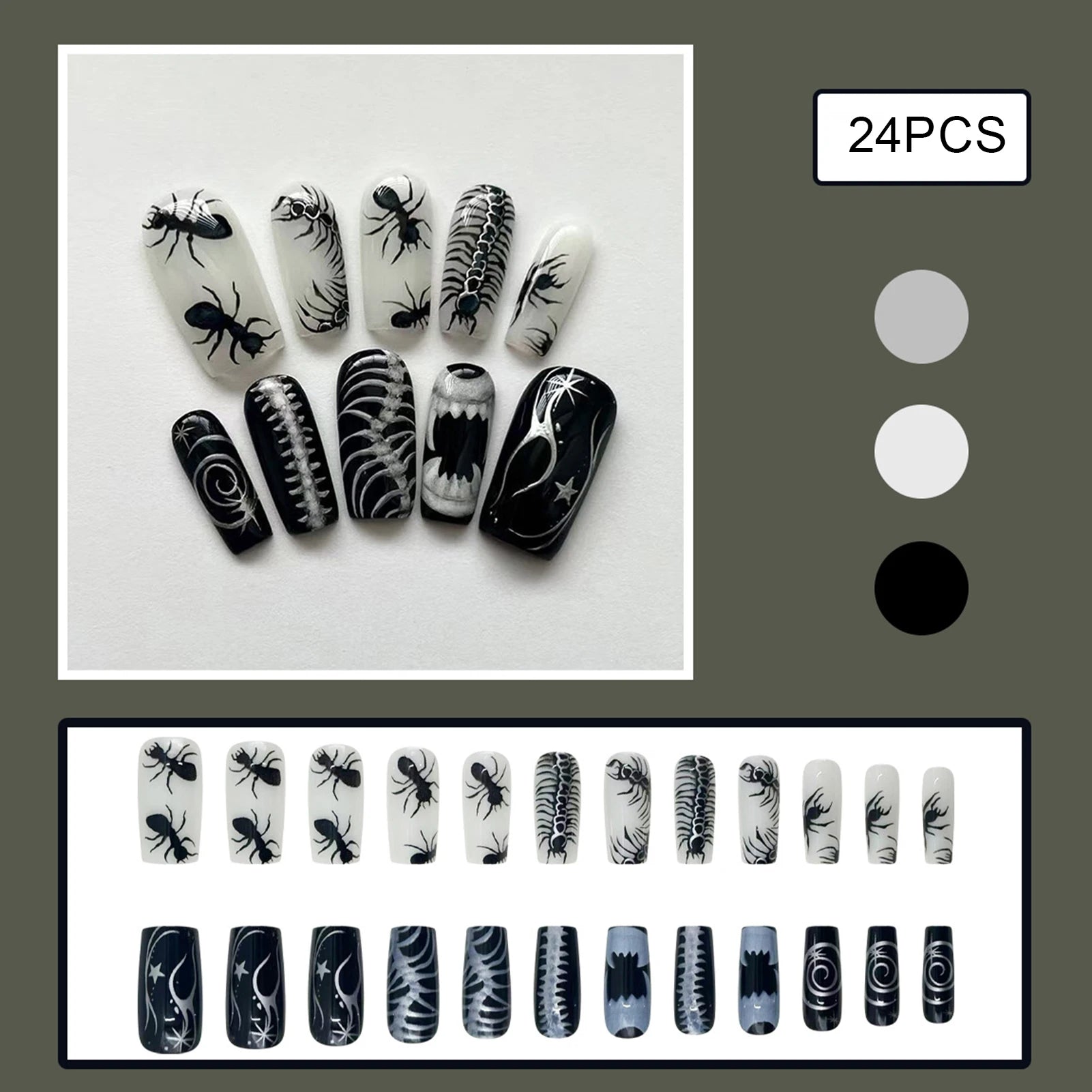 24pcs Thriller Style False Nails With Halloween Ant Bugs Pattern Wearable Press On Nails Ballet Black Punk Nail Art Decoration
